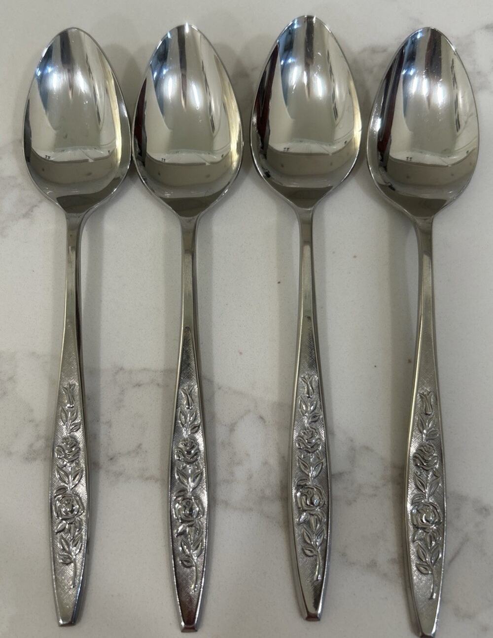 Eldan ELD18 Set Of 4 Teaspoons MAY ROSE Textured Roses Stainless Vintage MCM